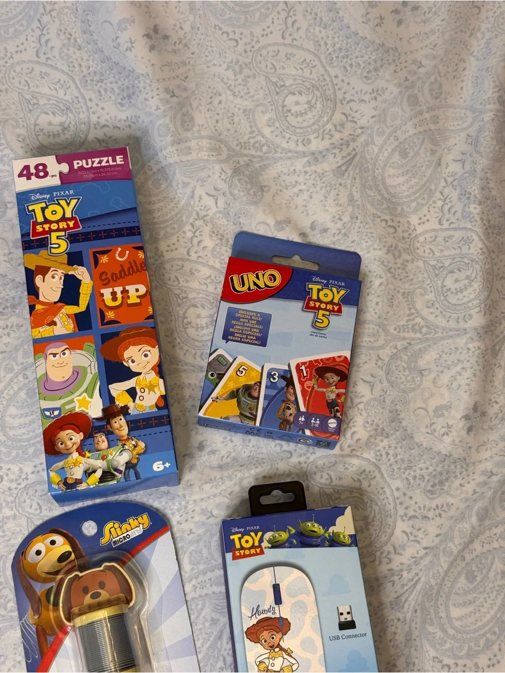 Toy Story 5 Puzzle, Slinky Dog Mini, Uno game and Jessie Wireless Mouse